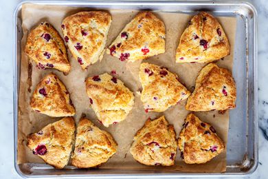 Baked scones on baking sheet.