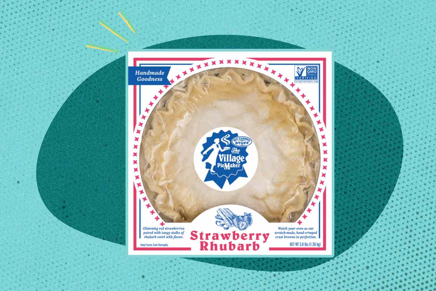 Package of Village Baker's Strawberry-Rhubarb Pie from Aldi over a green and light blue speckled background