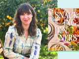 Georgia Freedman seated outdoors next to a book cover titled 'Snacking Dinners' with dishes on a table