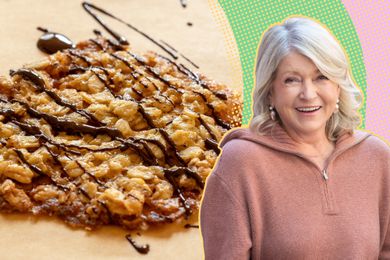 Martha Stewart next to a paper-thin oatmeal lace cookie with chocolate drizzle on top