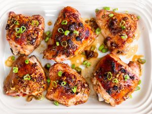 overhead view of Retro Plum Jam Chicken thighs on a serving platter