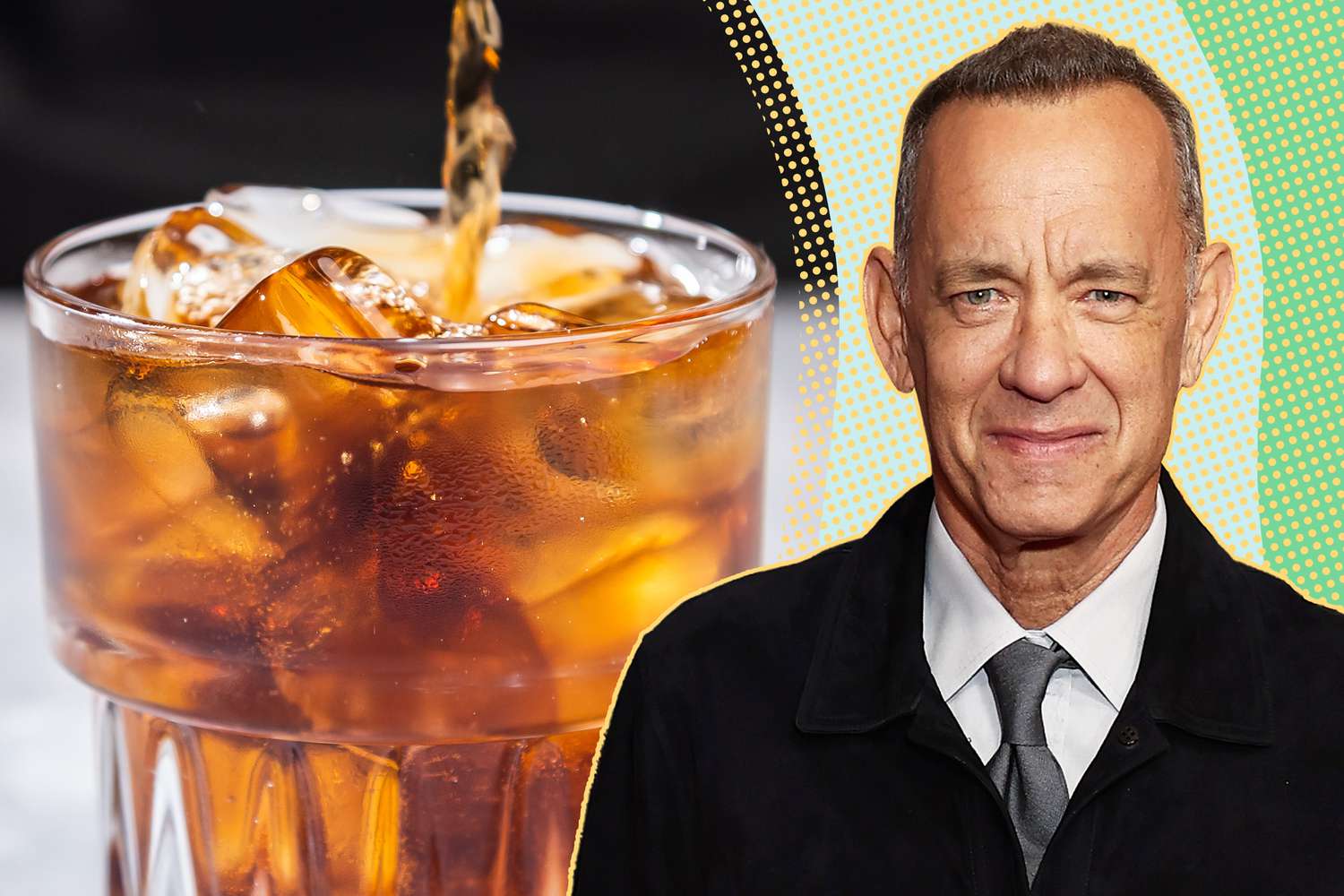 Tom Hanks next to a glass of a cocktail with ice