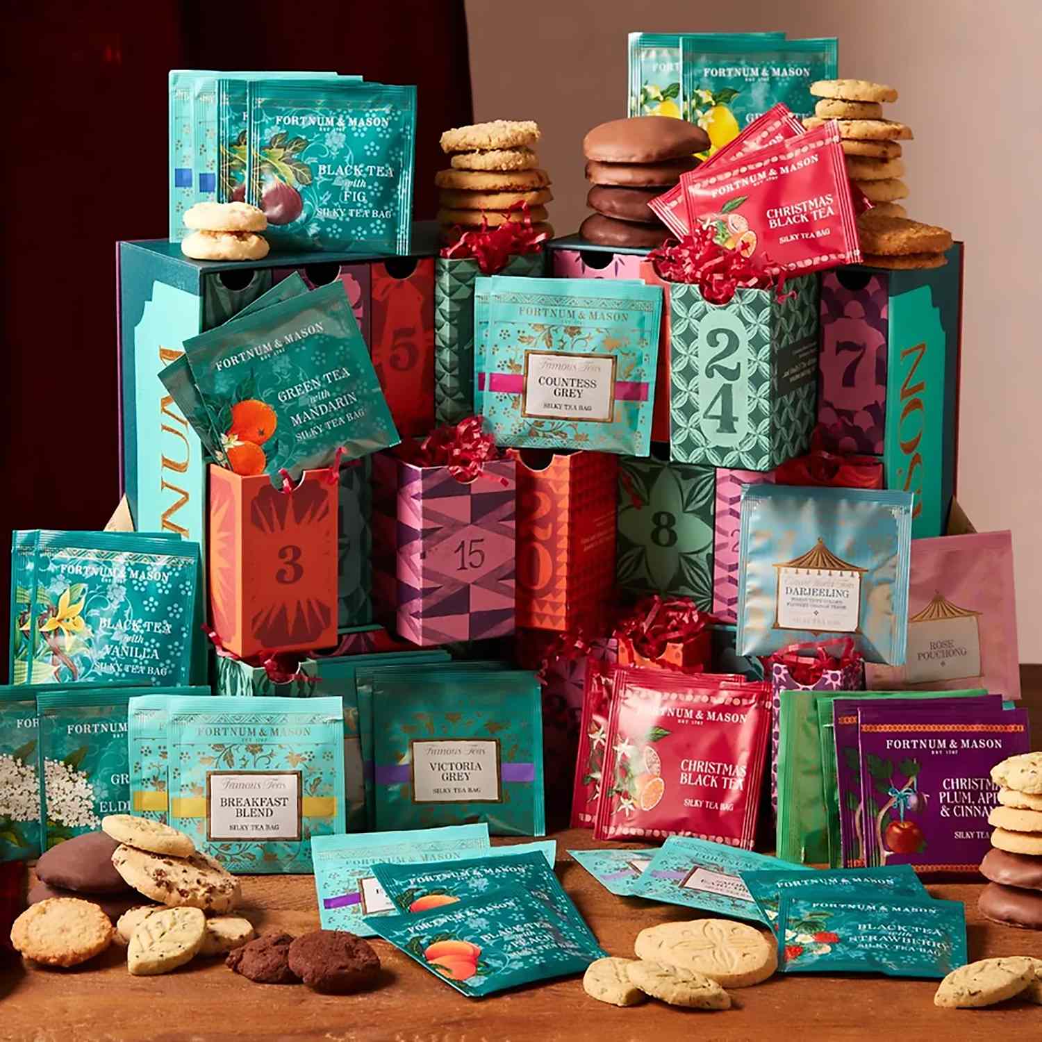 Assorted packaged treats arranged in an advent calendar format