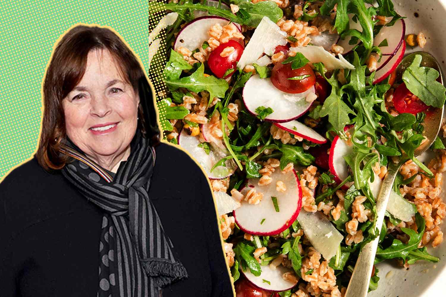 Ina Garten next to a plate of farro salad with vegetables and greens
