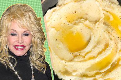 Headshot of Dolly Parton on a green and yellow speckled background next to a photo of her mashed potato recipe