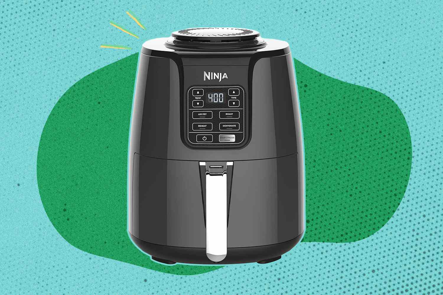 Ninja Air Fryer on an illustrated green and blue background