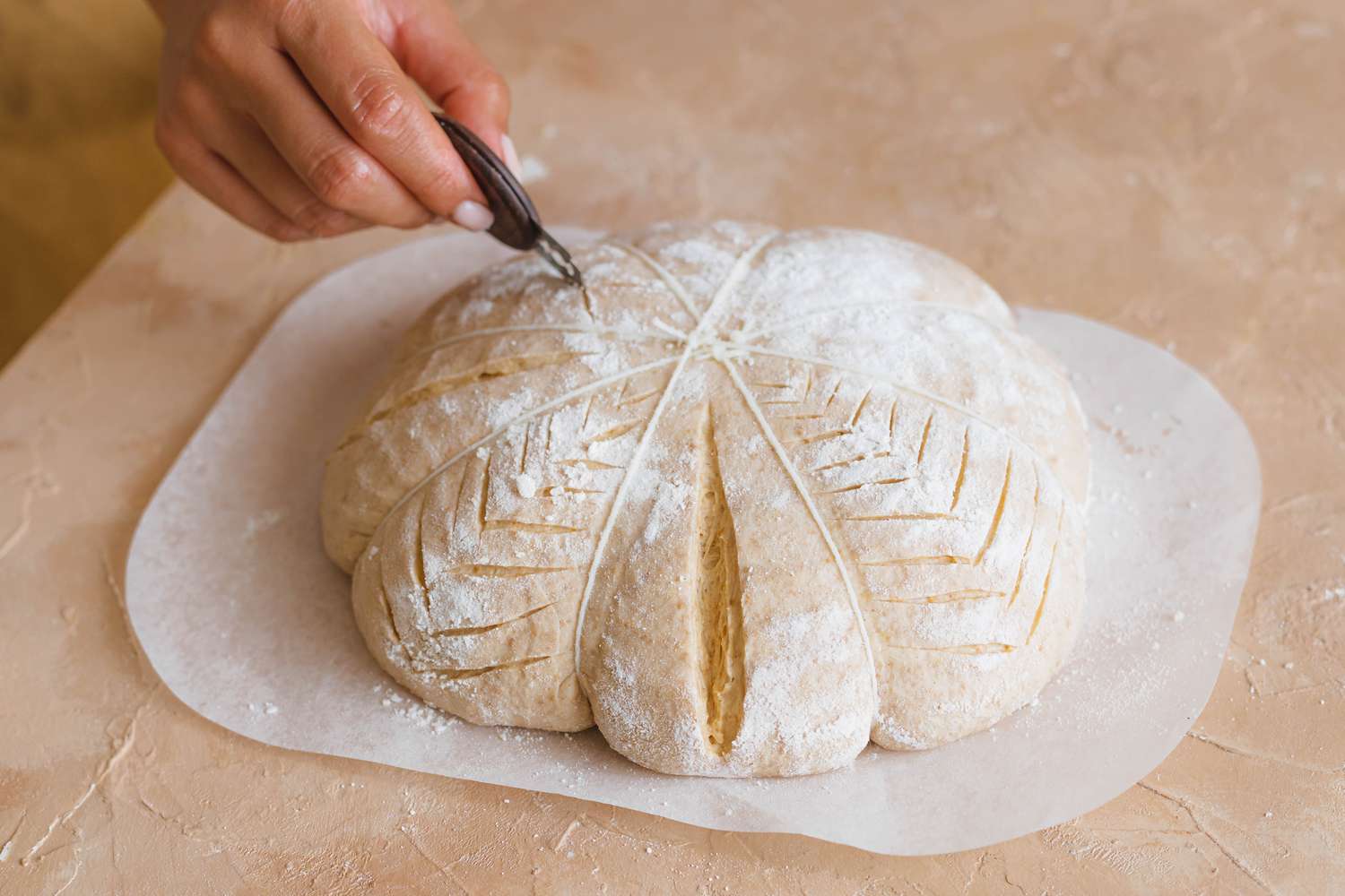 Making slits in dough to make spiced sourdough bread shaped like a pumpkin.
