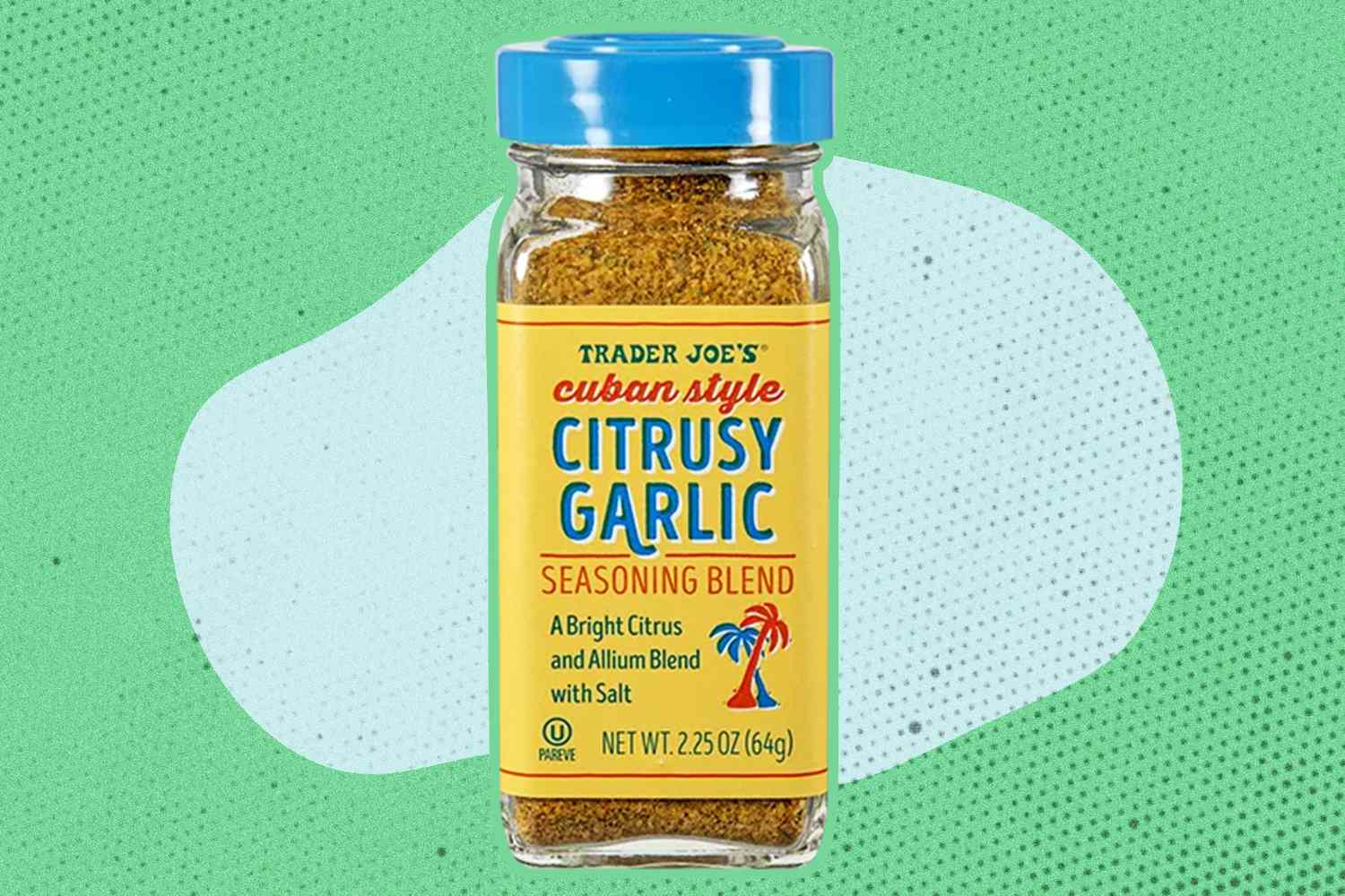 Trader Joe's Cuban-styl Seasoning bottle over a colorful background