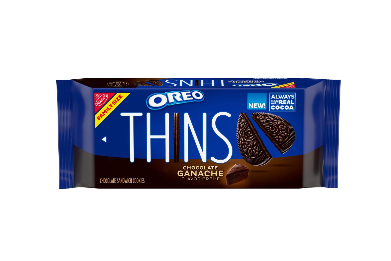Oreo Thins package featuring Chocolate Ganache flavor chocolateflavored cookies with ganache filling
