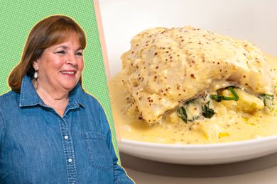 A split image of Ina Garten and a plate with a white fish covered in a mustard sauce