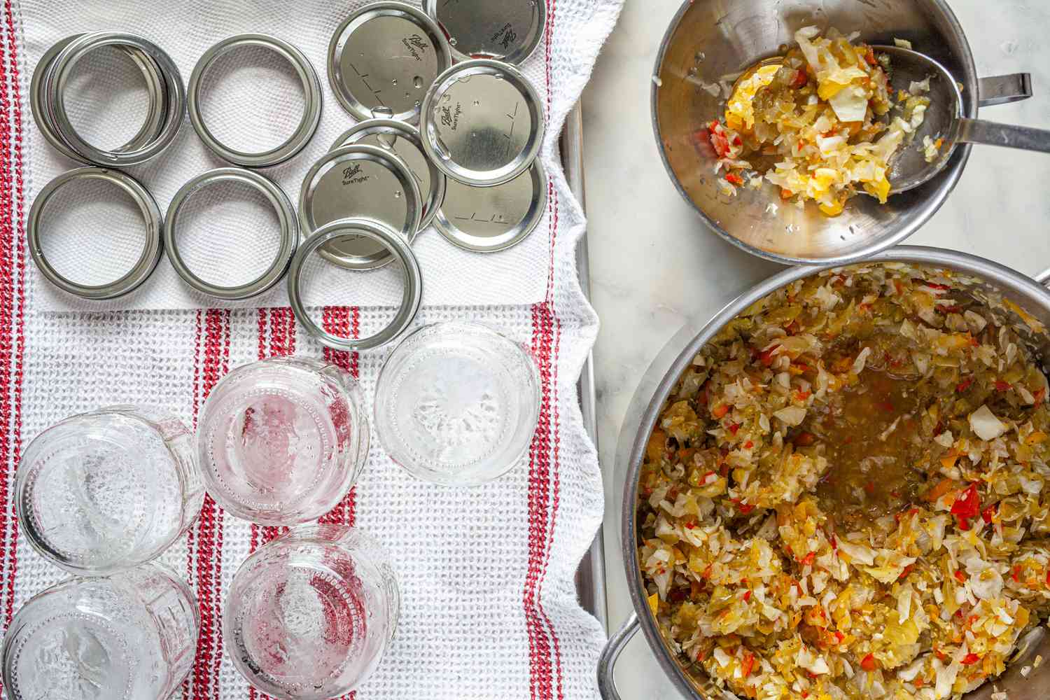 Chow Chow Recipe Being Canned in Glass Mason Jars 
