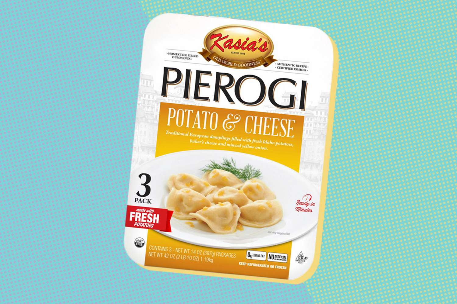 Package of Kasias Potato and Cheese Pierogi 3 pack showcasing the product on a blue background