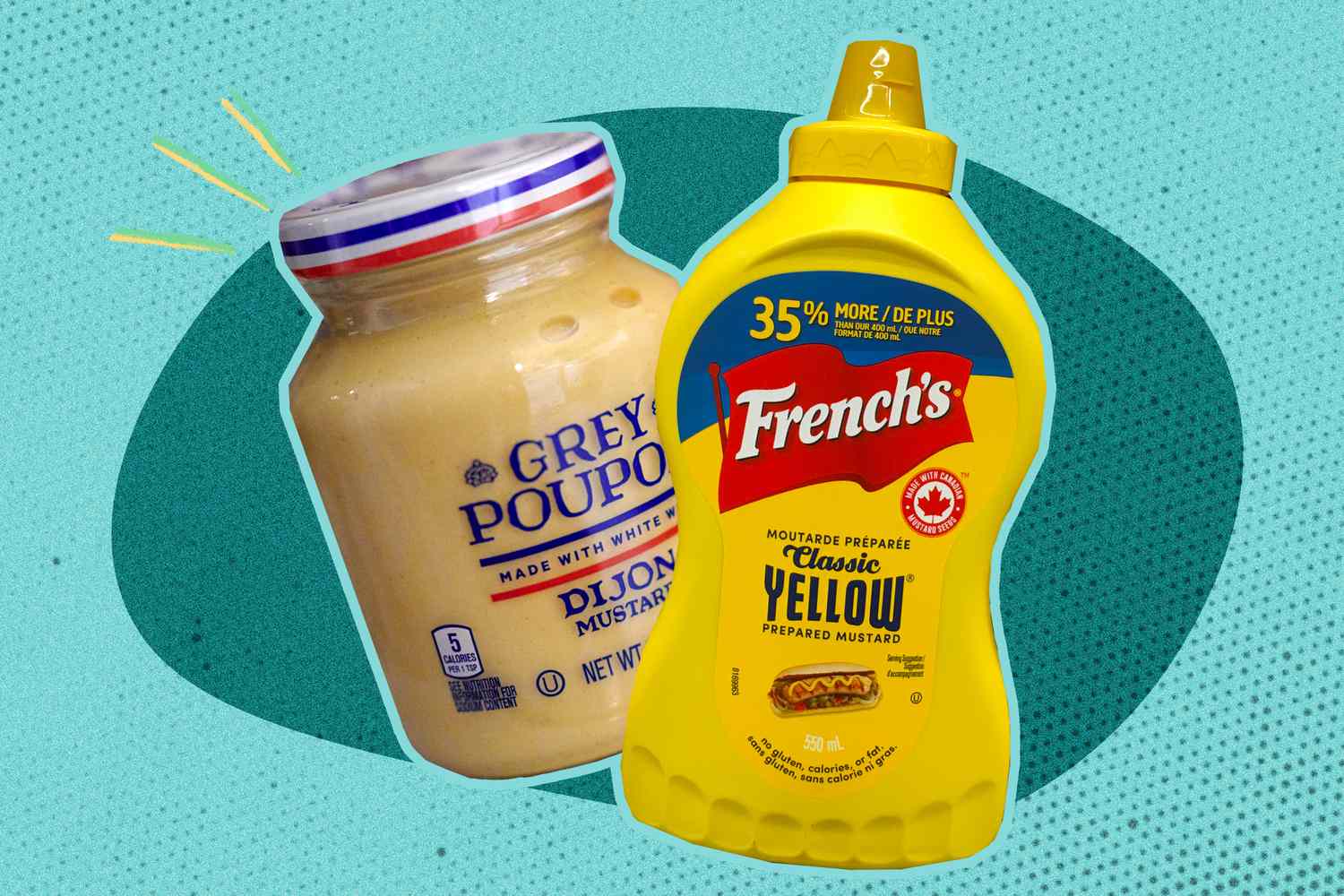 A Grey Poupoun mustard jar and a French's mustard bottle on an illustrated blue backround