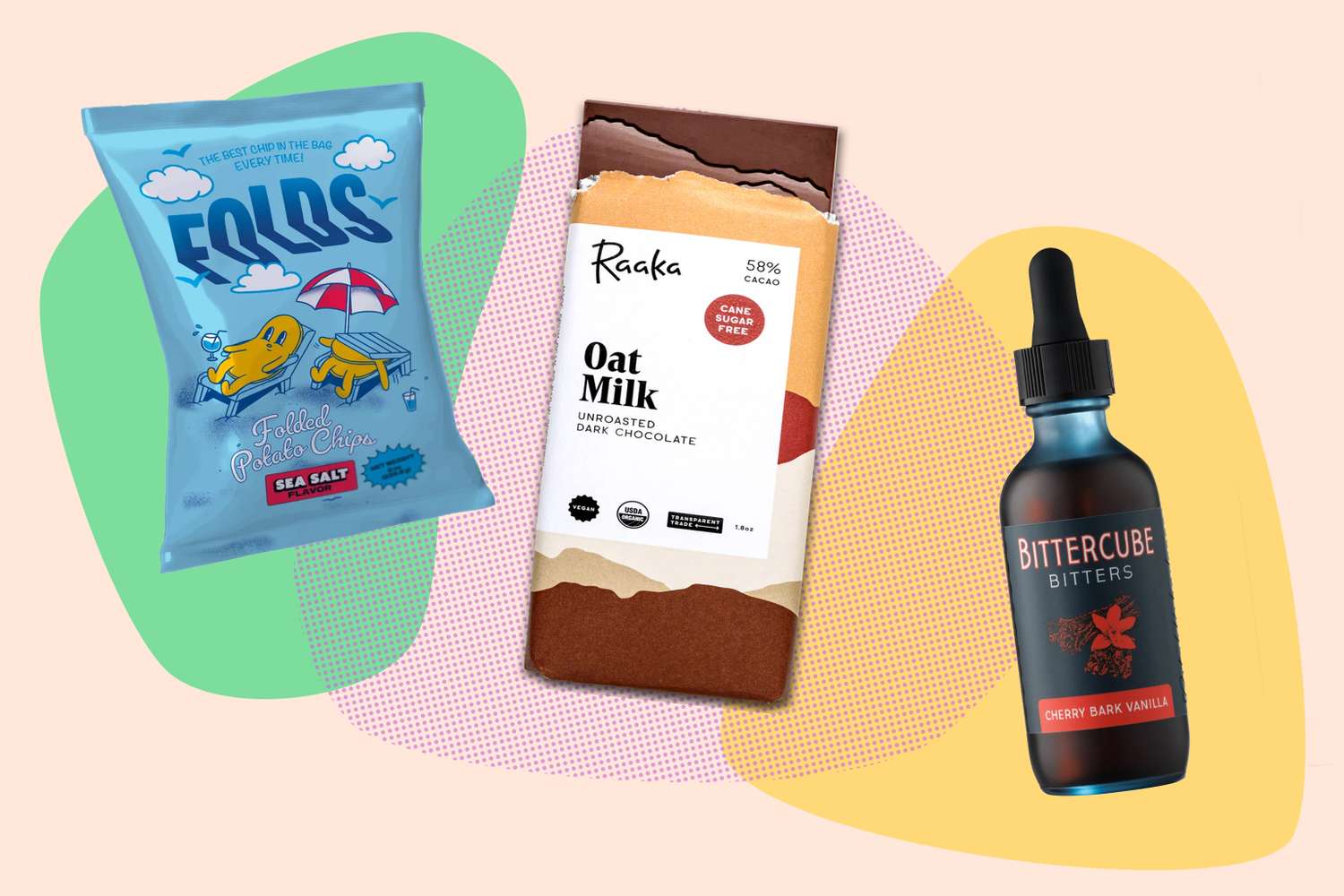 A selection of small business products including chips oat milk chocolate and bitters