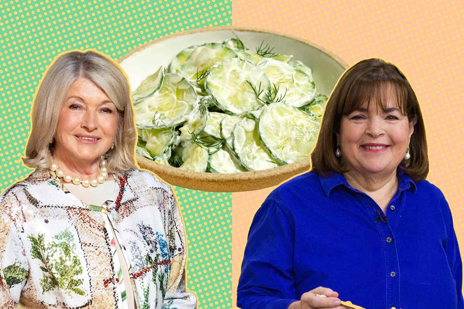 Ina Garten and Martha Stewart with a cucumber salad dish displayed between them