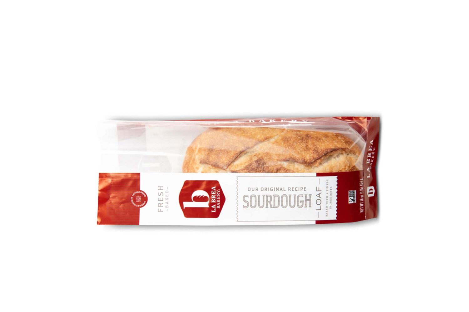 Packaged sourdough bread loaf from a brand in transparent and red label wrapping