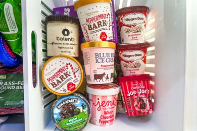 Various brands of peppermintthemed ice cream containers arranged in a freezer shelf