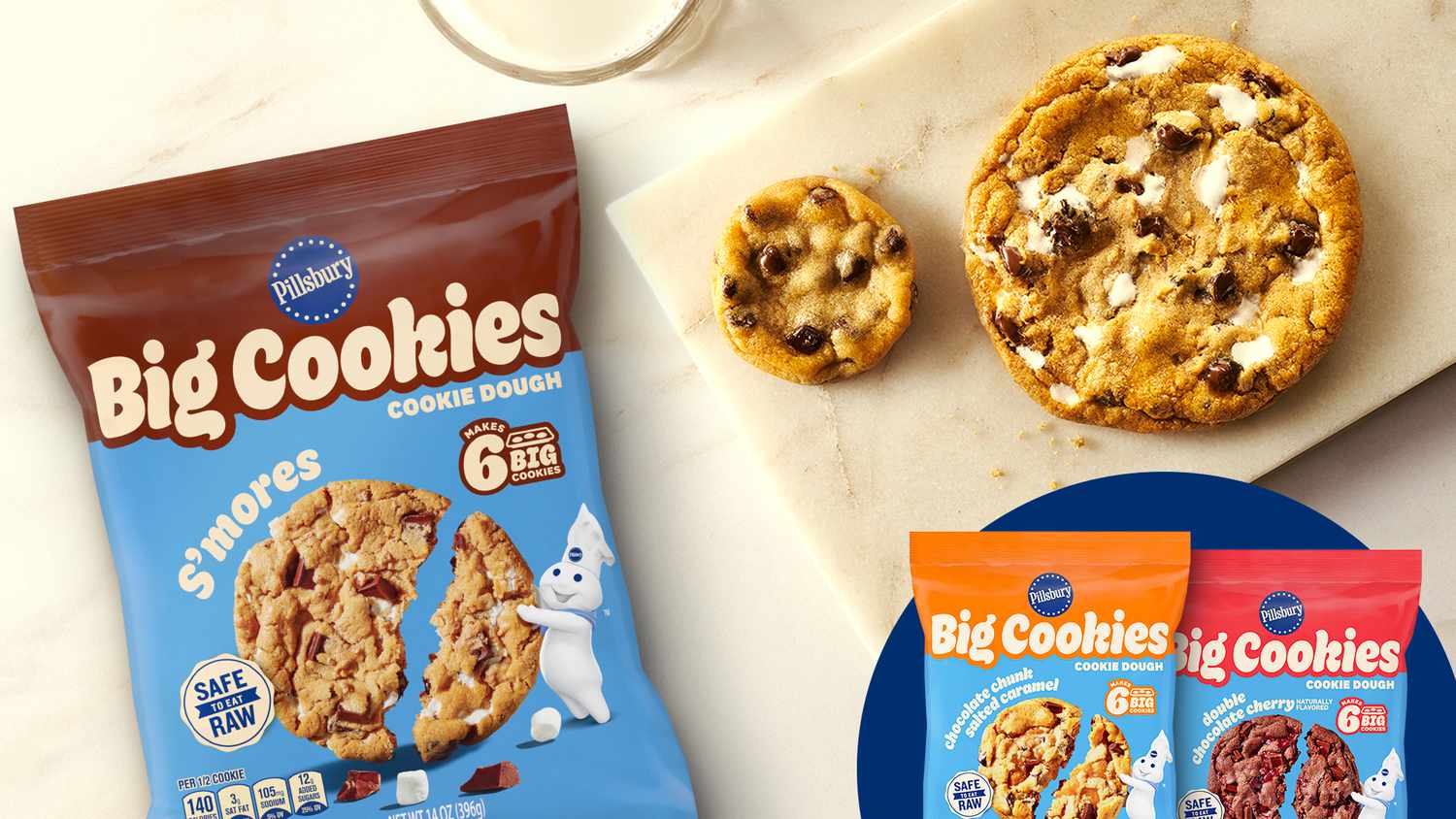 Pillsbury Big Cookies dough package with baked cookies and two other flavor variants