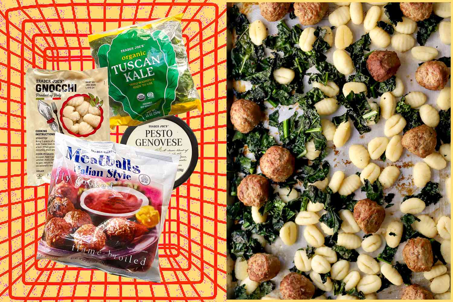Gnocchi ingredients in an illustration of a shopping basket next to a photo of sheet pan gnocchi (the final product)