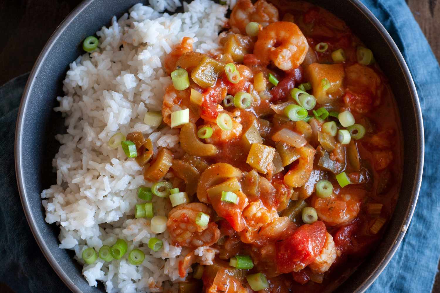 Plated shrimp creole with rice