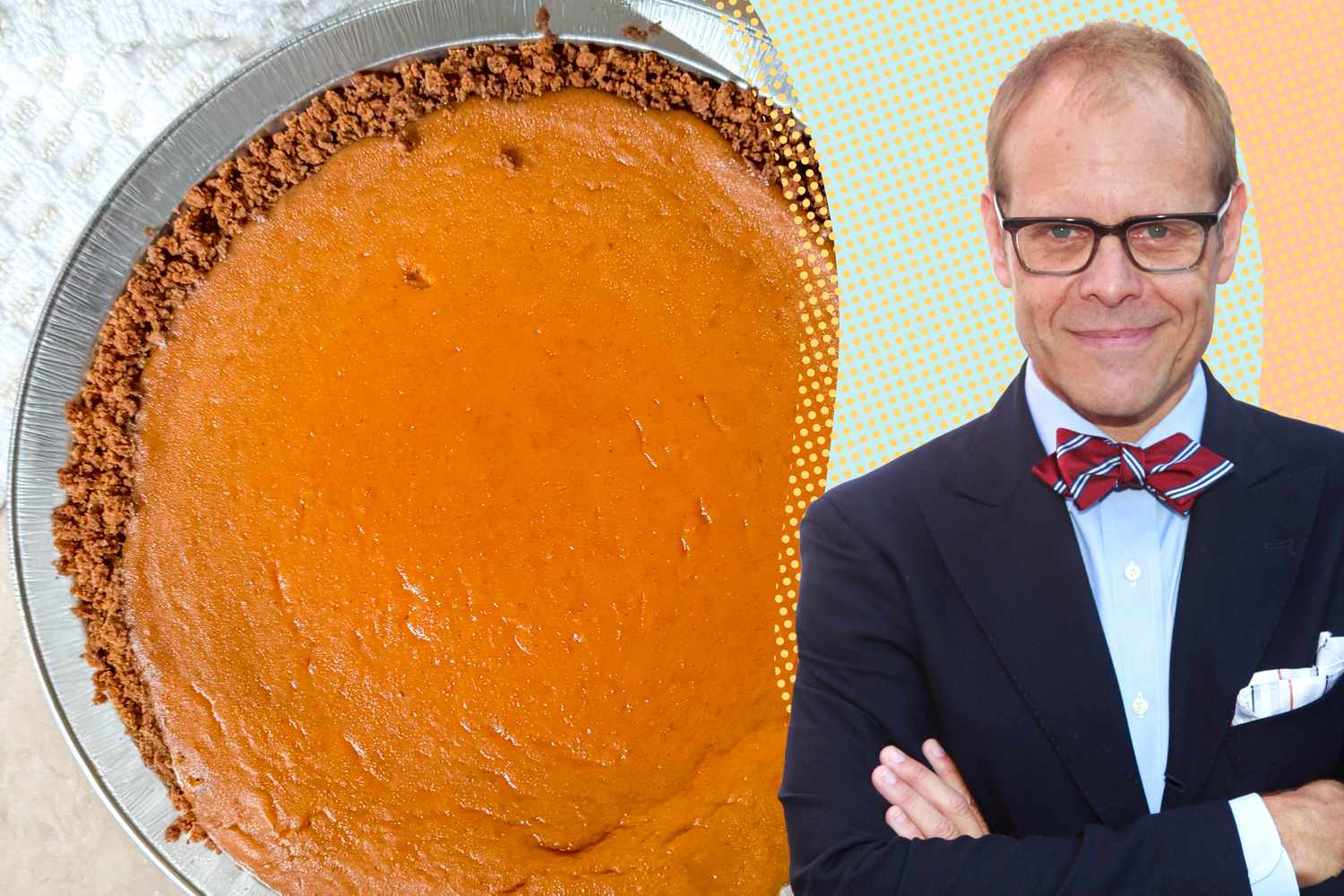 A split image of a pumpkin pie and Alton Brown