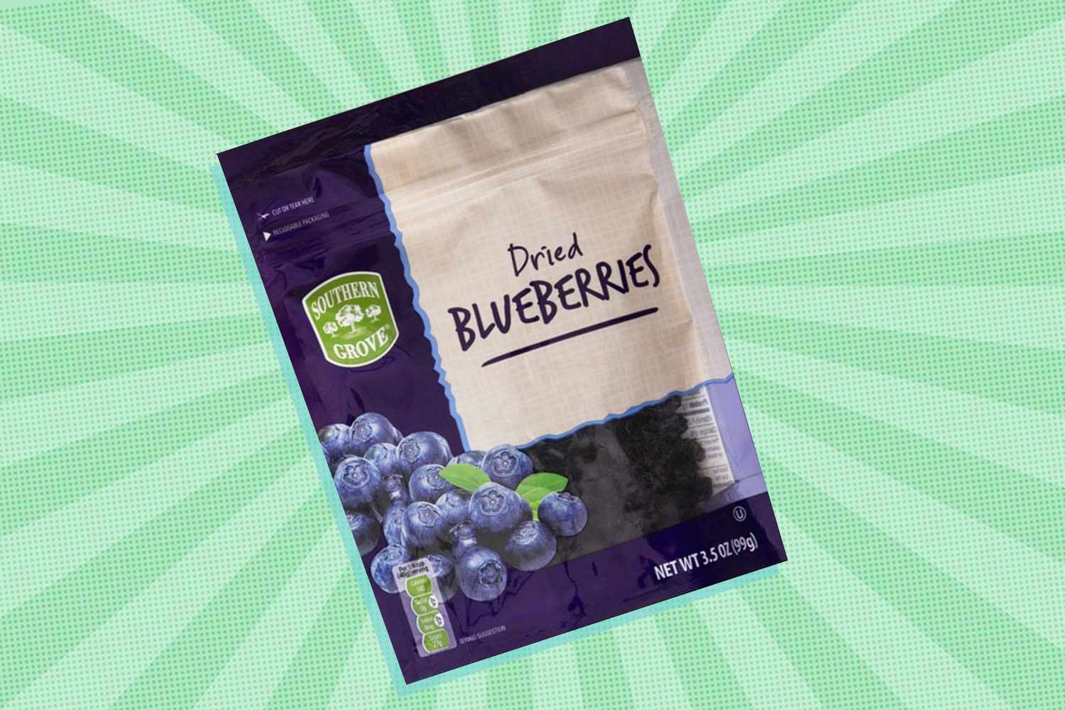 A bag of ALDI Dried Blueberries on a green illustrated background