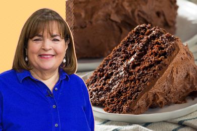 Ina Garten headshot next to a slice of chocolate cake