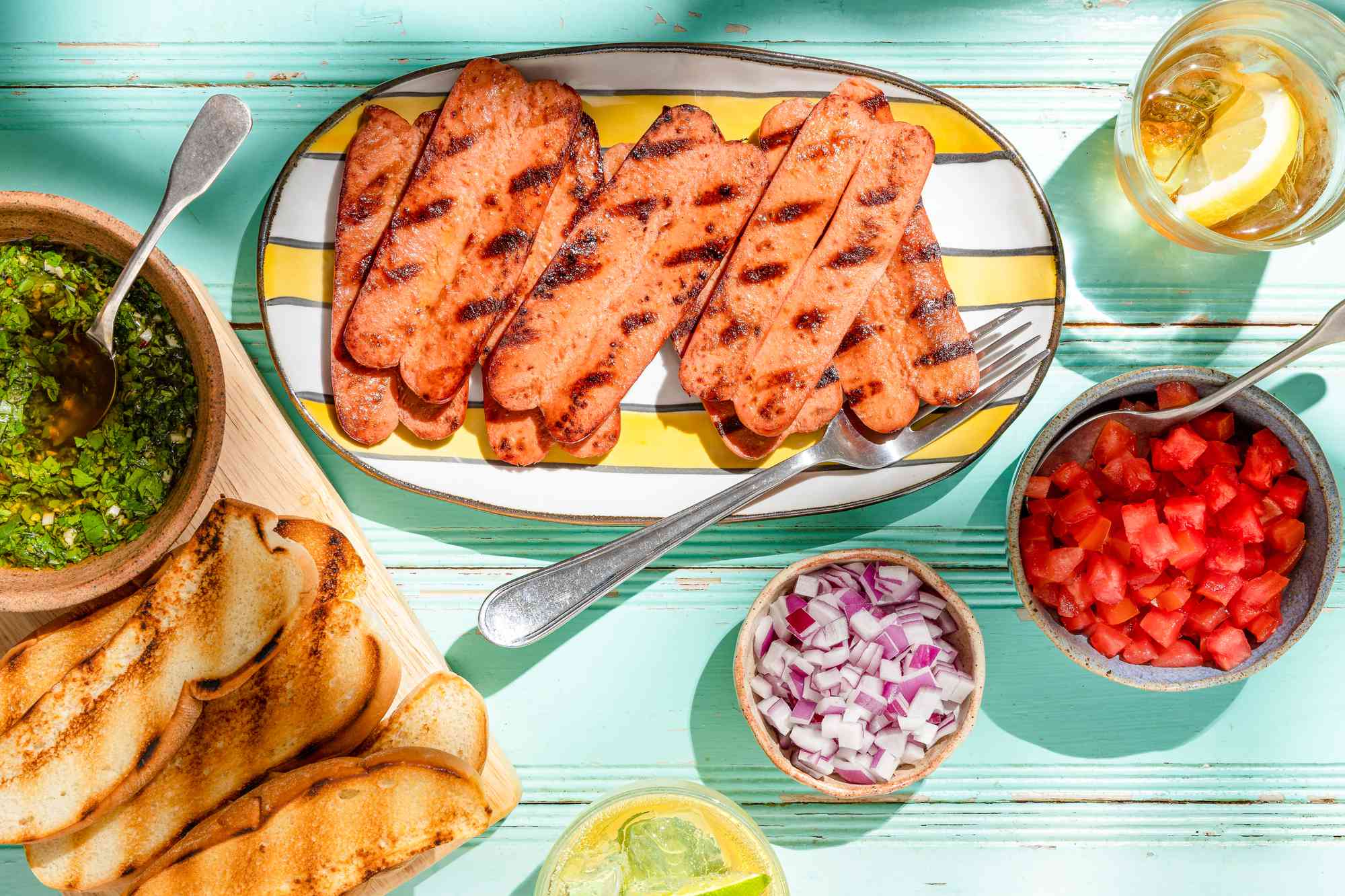 split hot dogs on a platter