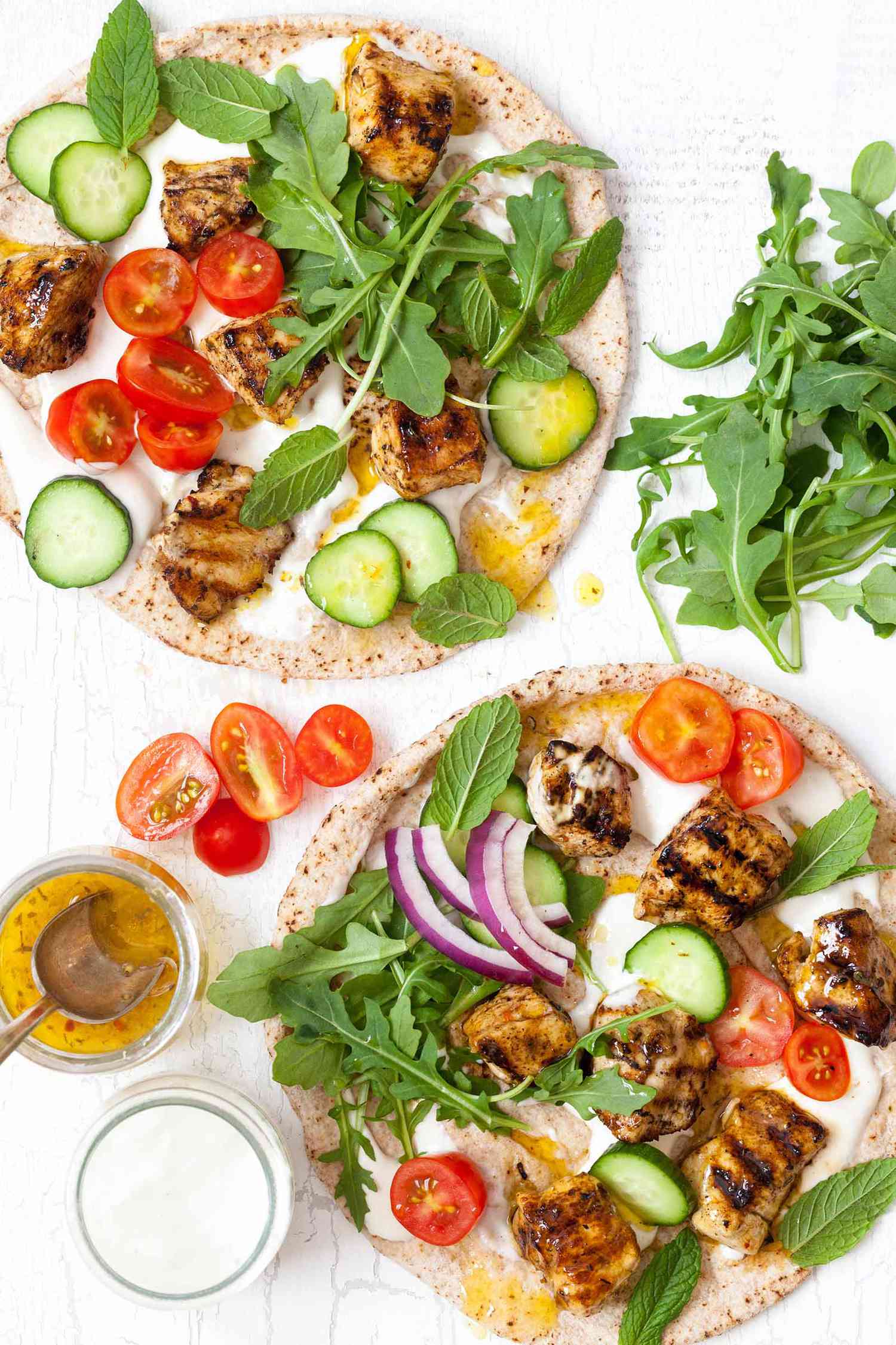 Greek Chicken Skewers with Flatbread and Yogurt Sauce (Chicken Souvlaki)