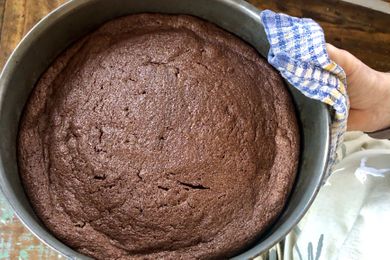 A person holding a freshly baked chocolate cake in a round pan with a cloth handle