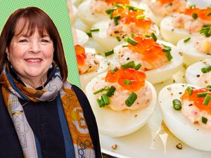 A split image of Ina Garten a plate of deviled eggs topped with garnishes