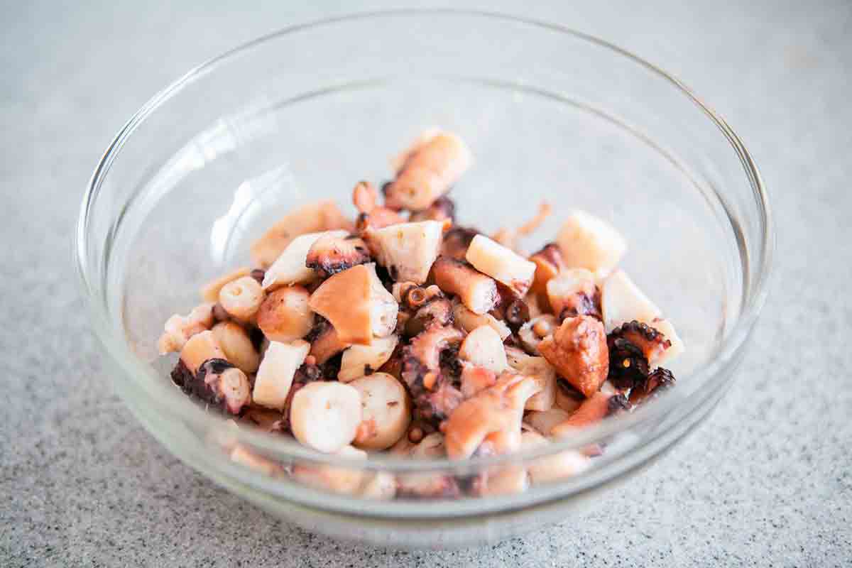 cooked chopped octopus pieces for octopus salad
