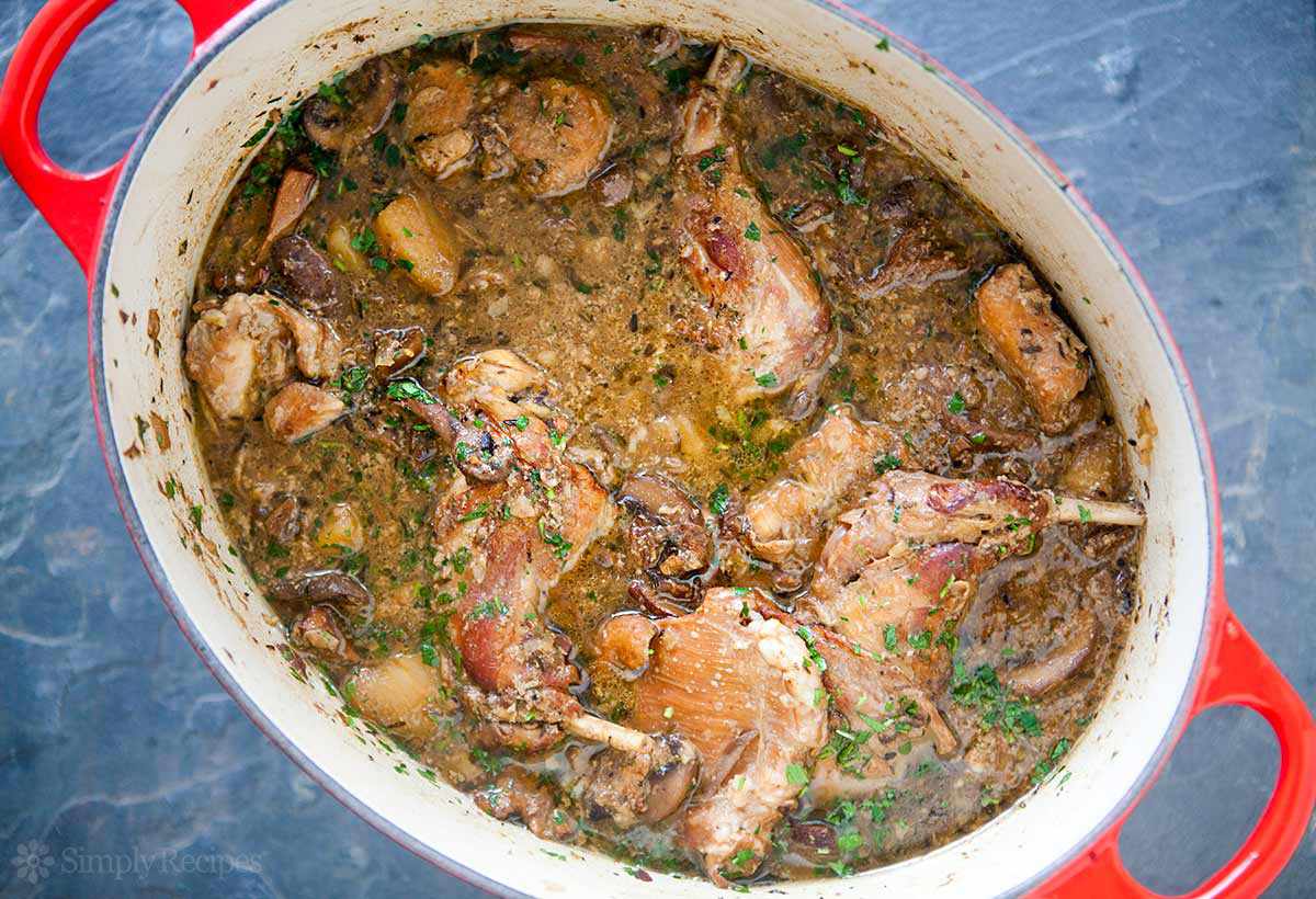 A Dutch oven filled with rabbit stew