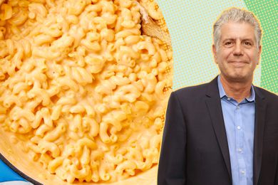 Anthony Bourdain next to a close-up of creamy mac and cheese