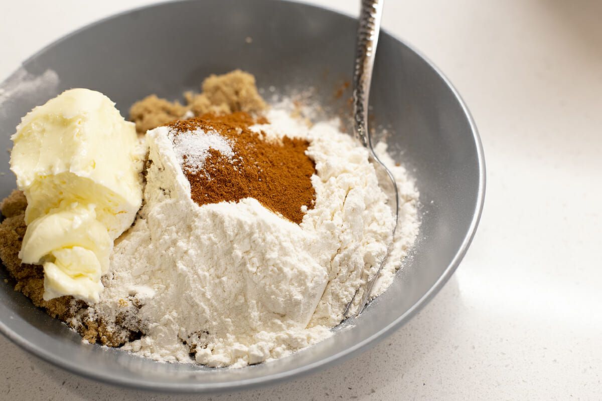 Strusel toppings resting in a bowl waiting to be mixed