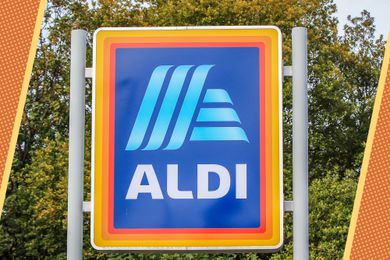 Photo of an Aldi store sign with orange and yellow lined and dotted illustrations on the corners of the photos