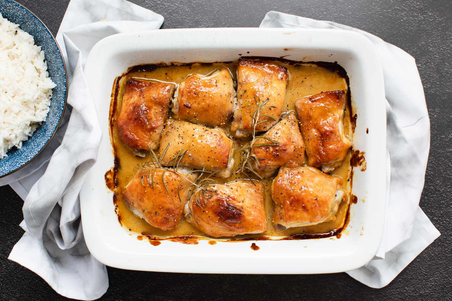 Overhead view of Honey Mustard Chicken baked in a casserole dish.