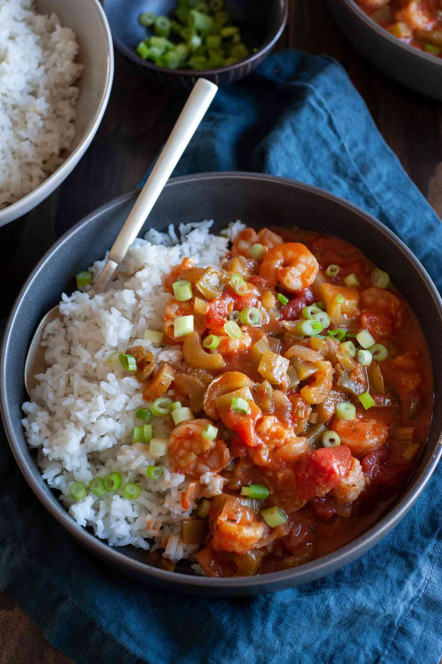 Plated shrimp creole with rice