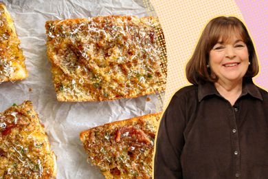 Ina Garten next to a photo of garlic bread