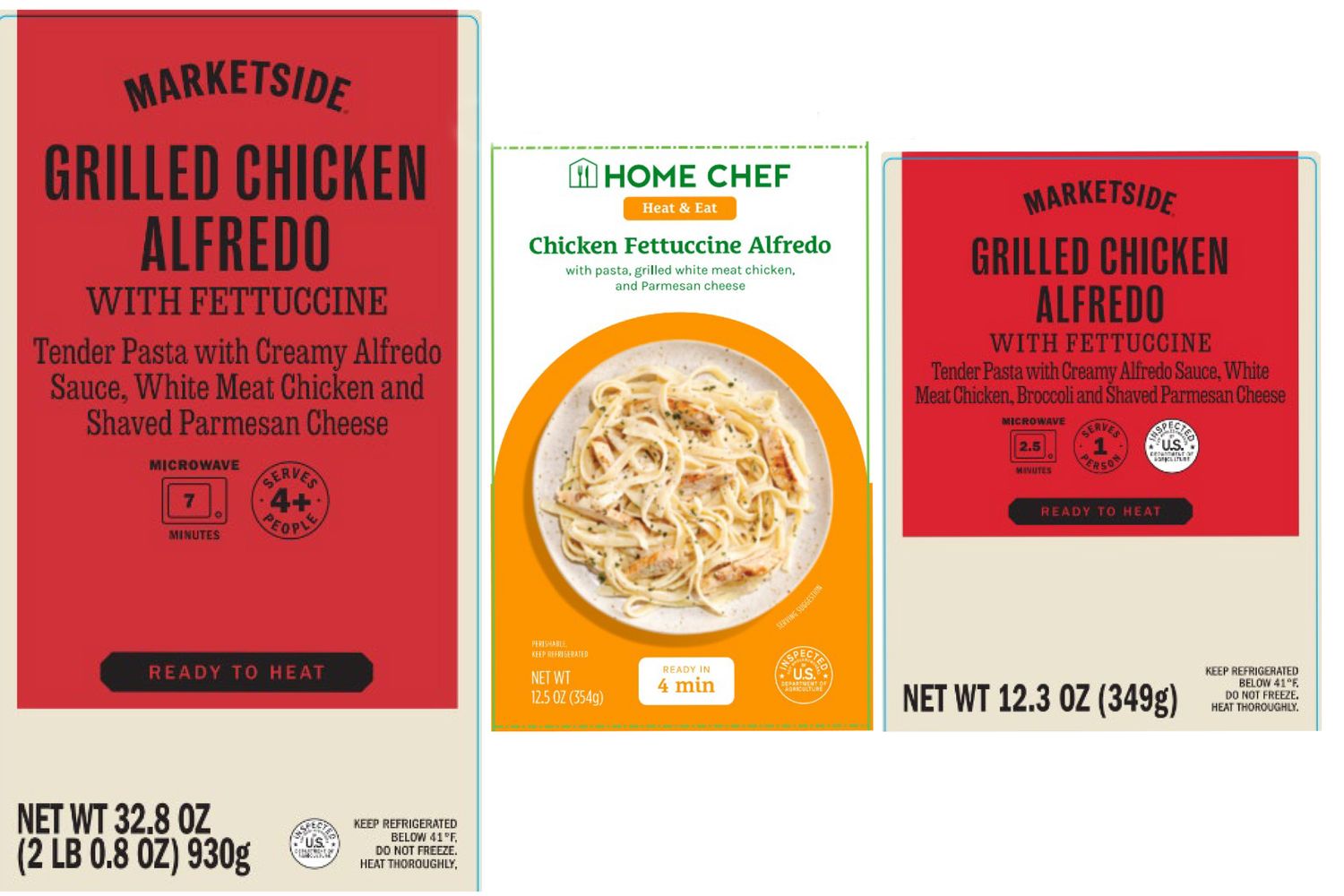 Three packaged meals of chicken fettuccine alfredo from different brands on display