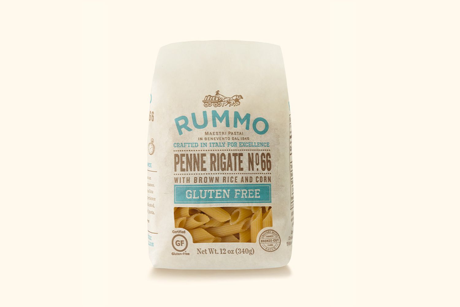 Package of Rummo glutenfree penne pasta made with brown rice and corn