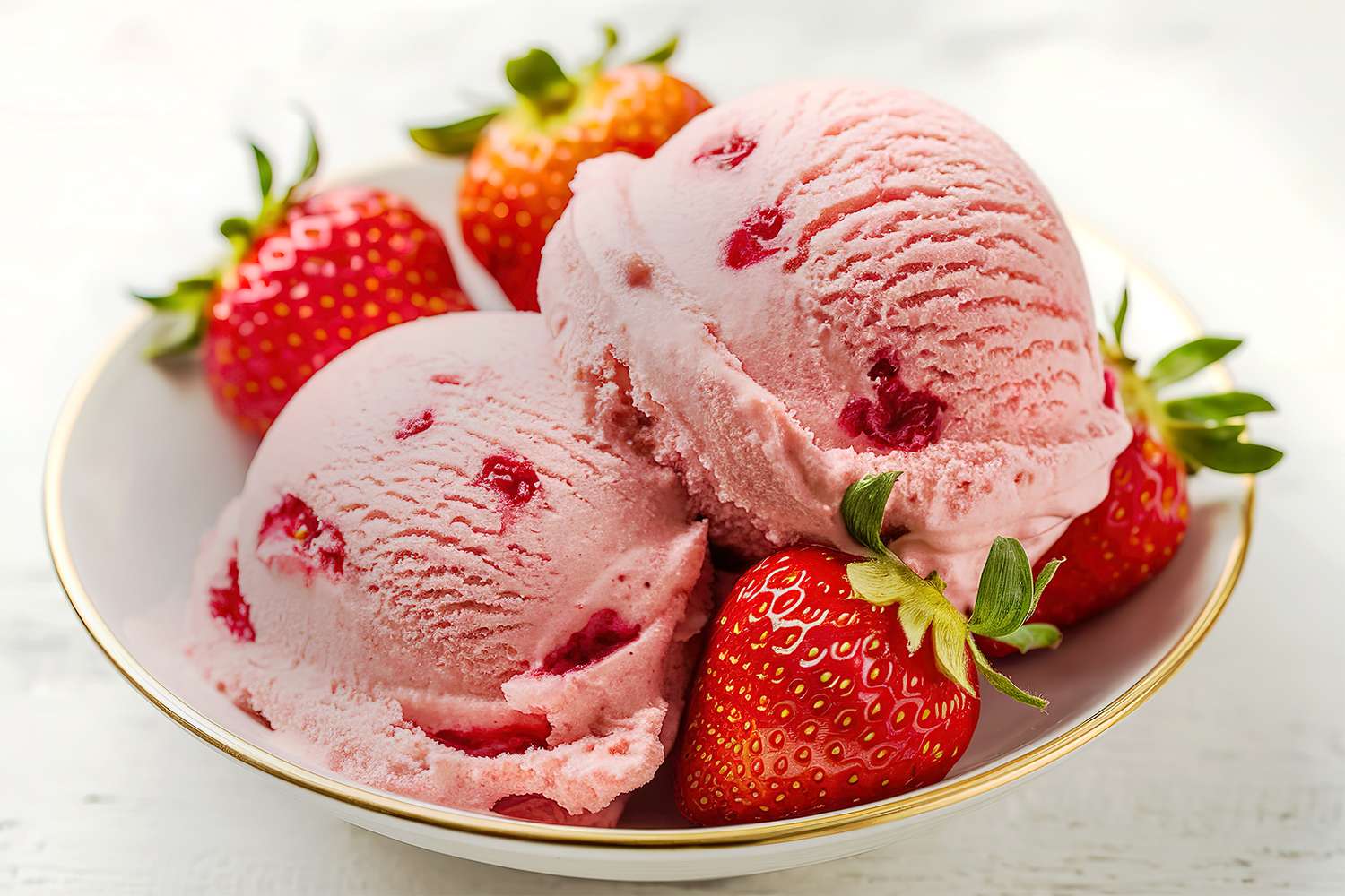 A bowl containing strawberry ice cream scoops and fresh strawberries