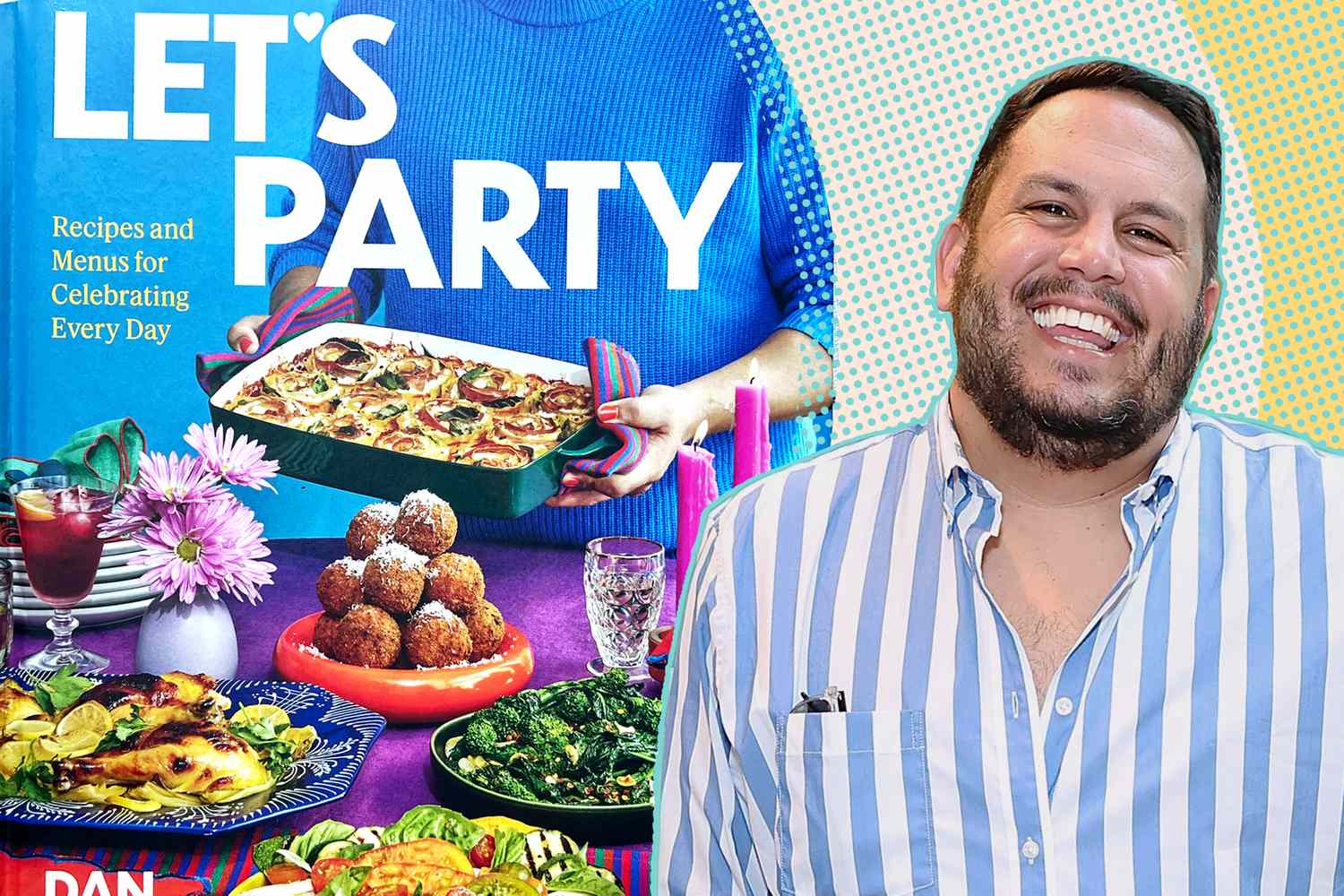 A person smiling in front of a cookbook titled Lets Party with a spread of food on the cover