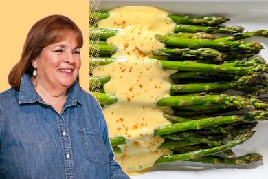 Ina Garten headshot on a yellow background next to a photo of her roasted asparagus with Hollandaise sauce