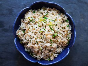 Rice Pilaf resting in a blue bowl