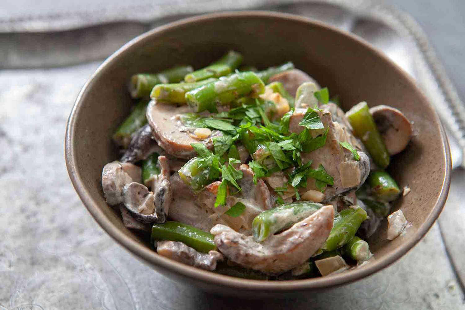 Creamy Green Beans with Mushrooms in a bowl