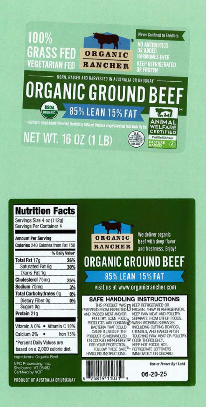 Label for Organic Rancher ground beef, featuring product details and nutritional information