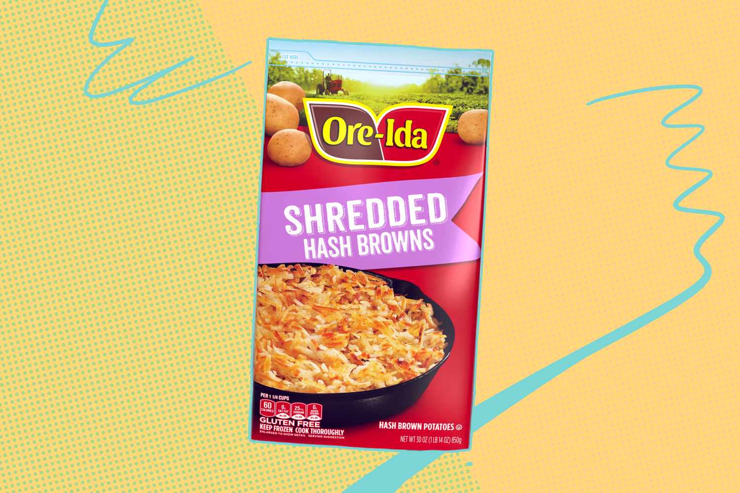 A package of Ore-Ida frozen shredded hash browns