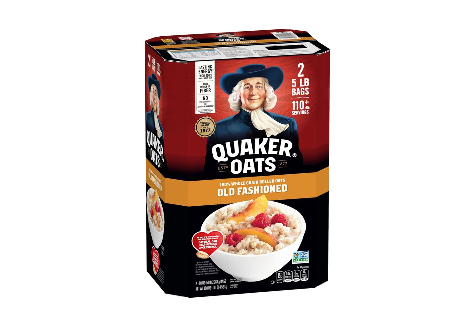 Box of Quaker Oats Old Fashioned rolled oats with a bowl of oats and fruit depicted on the packaging