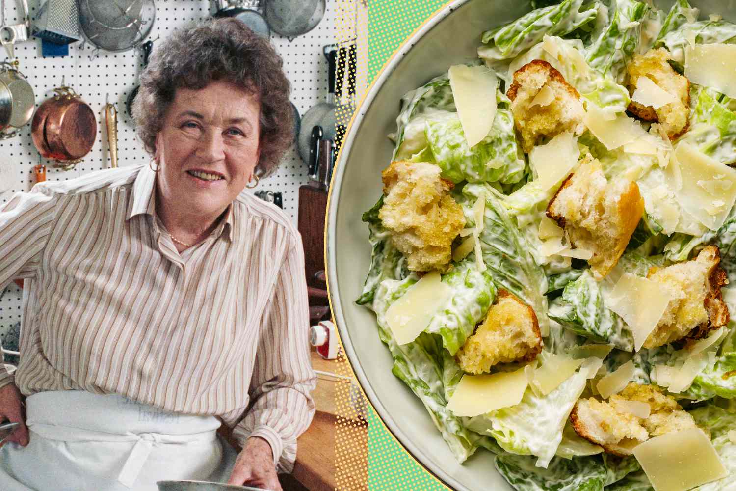 Julia Child next to a Caesar salad in a kitchen setting